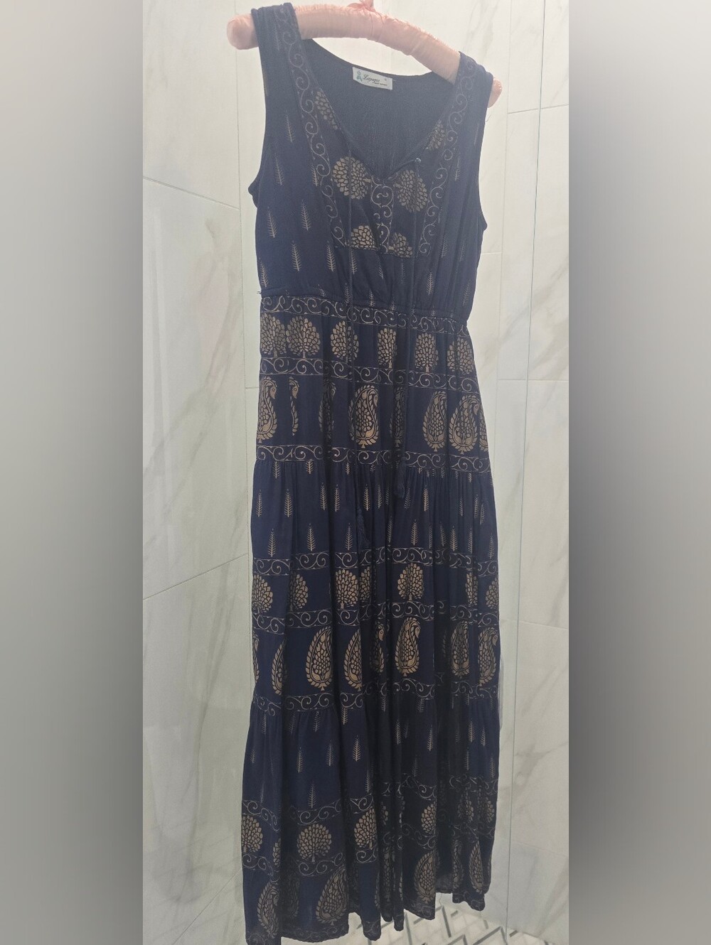 Lapogee Navy & Gold Leaf Motif Print Pull-over Midi Dress, Sleeveless, Lined, S